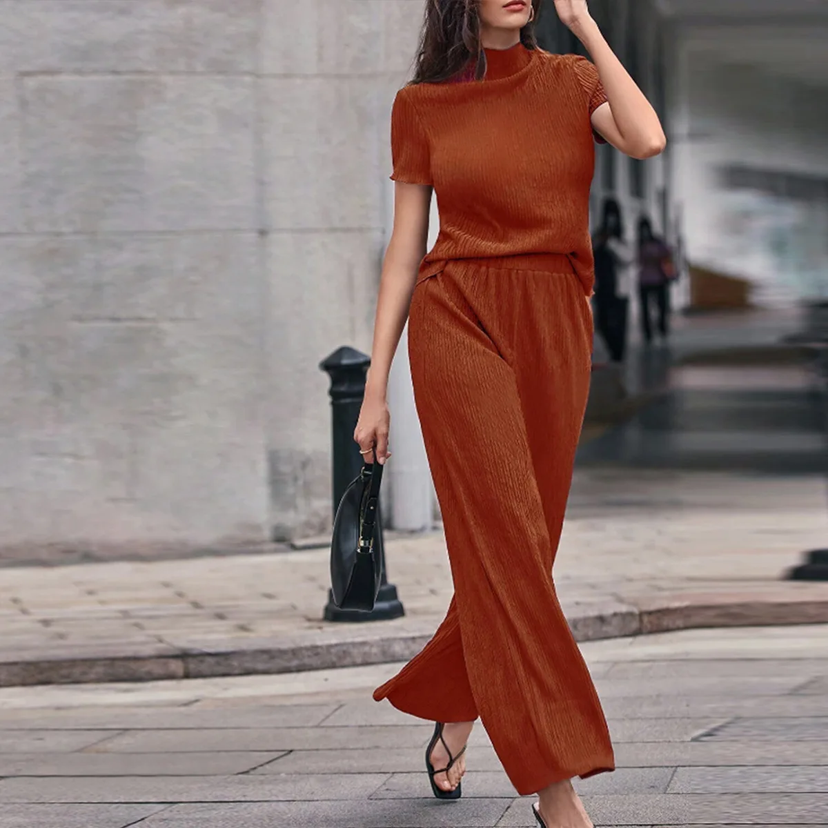 

Fashion Short Sleeve Solid 2 Piece Sets Woman Outfit 2025 Summer Tops And Pant Sets Wide Leg Two Piece Outfits Woman