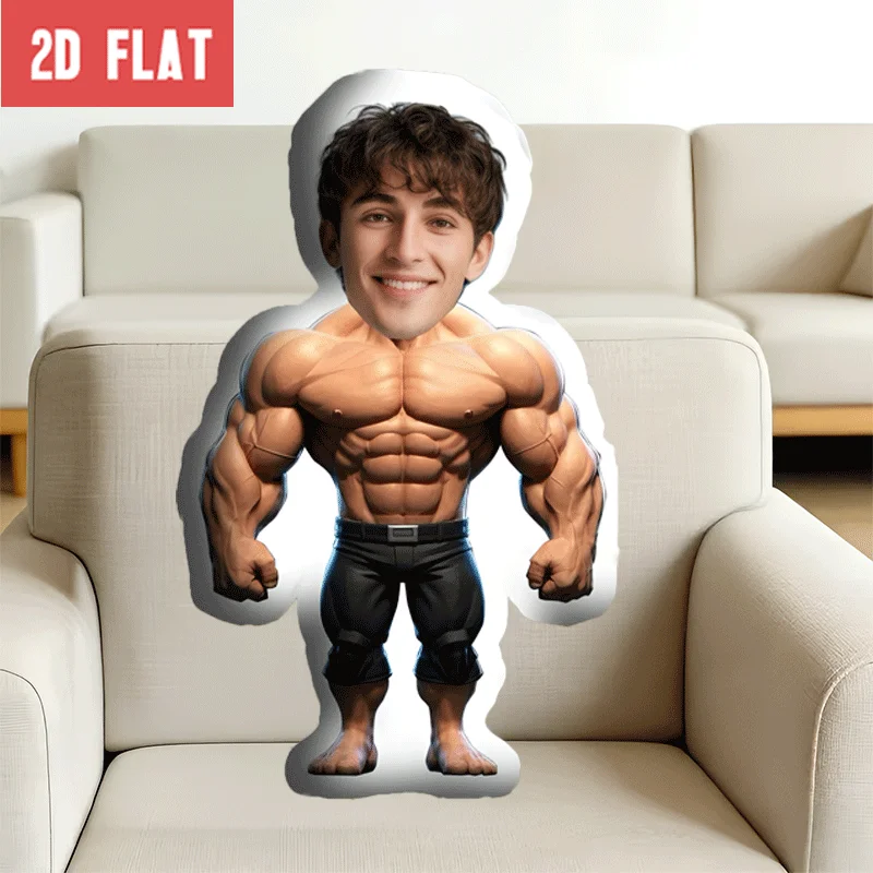 Personalized Photo Customization: Muscular Bodybuilder Character Custom Shaped Face Pillow, 3D Realistic Graphic Huggable Cushio