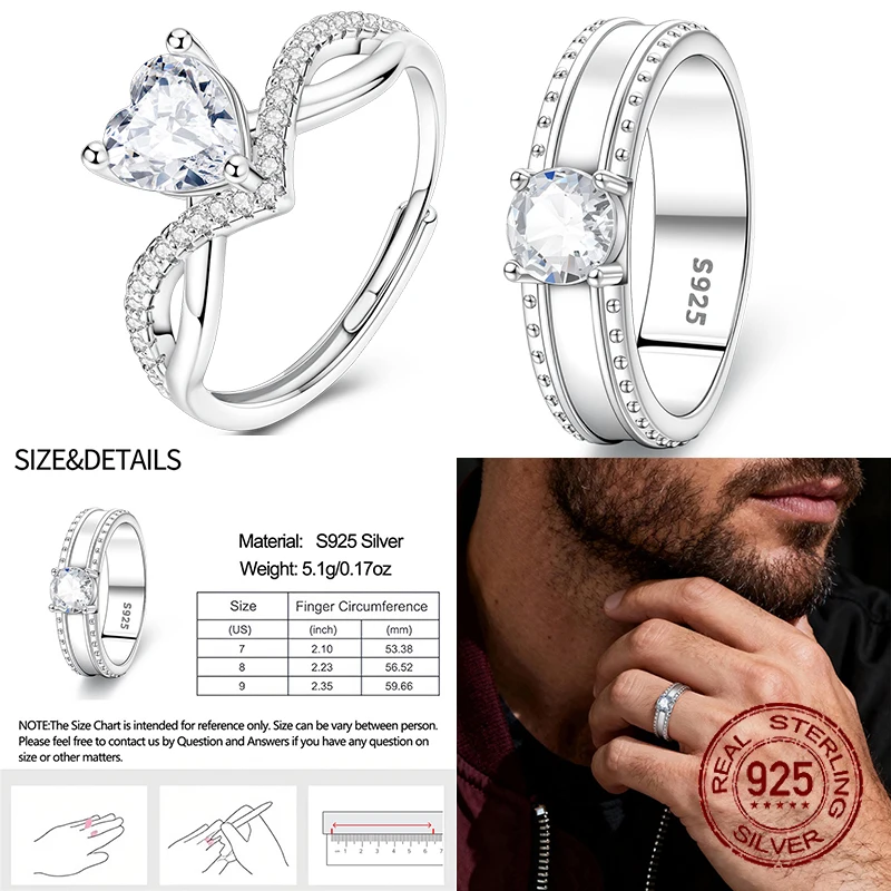 

Couple Rings 925 Sterling Silver Men's Ring Square CZ Inlay Minimalist Daily Wear Jewelry Gift for Men Valentine's Day Gift