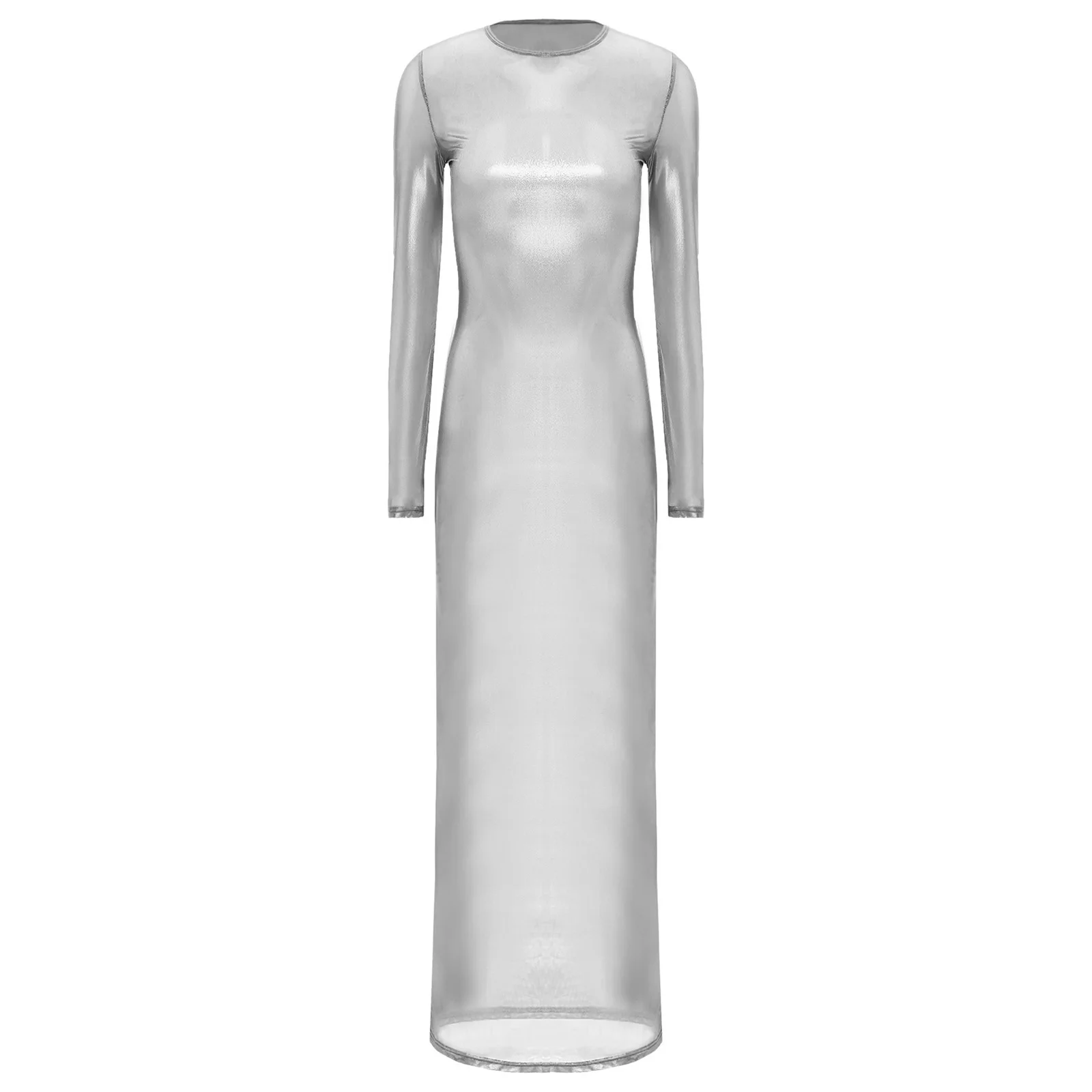 Sexy doorzichtige lange maxi strandjurk dames metallic glanzend volledige mouw effen kleur mesh vrouwelijke nachtfeest clubwear kostuums