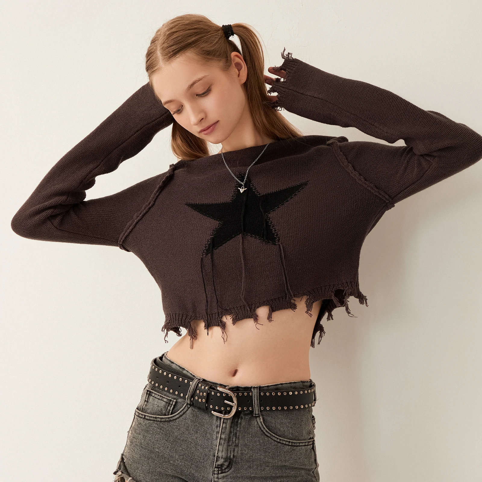 Gothic Knit Sweater for Women 2024 Fall Winter Vintage Long Sleeve Crew Neck Star Loose Pullover Crop Top Streetwear