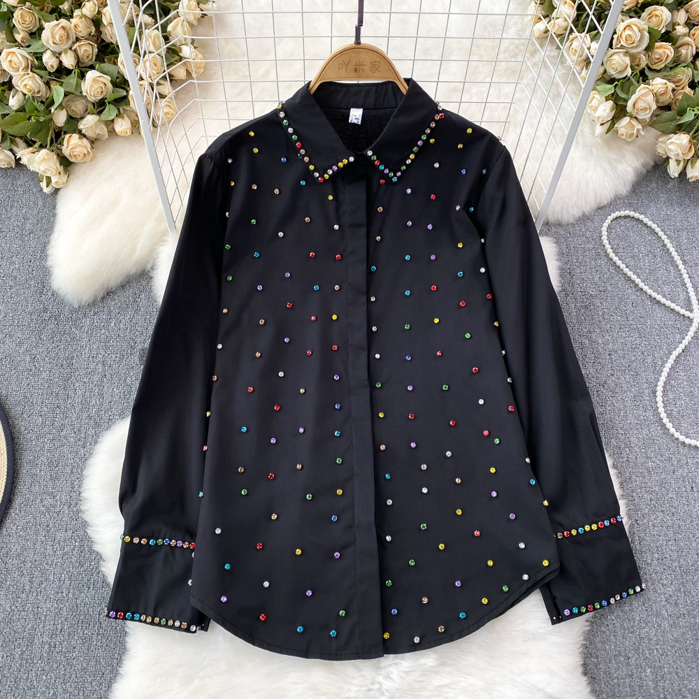 Diamond shirt Women long-sleeved single-breasted shirt loose blouse