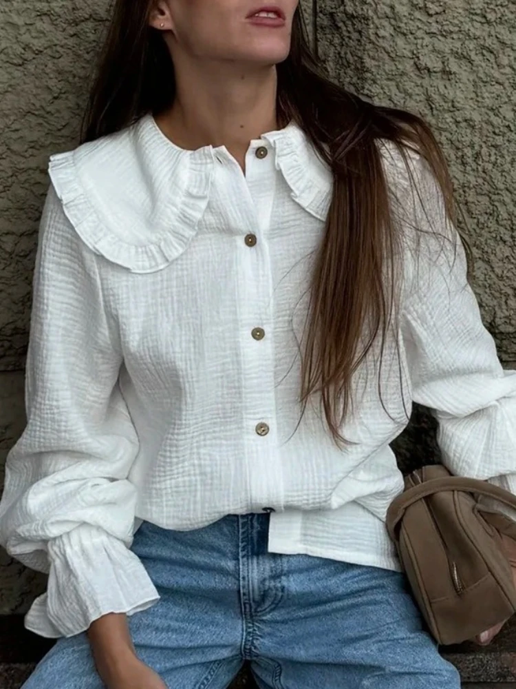 

Pure Cotton Doll Collar Shirt Europe America 2025 New Ruffle Edge Lantern Sleeve White Long-sleeved Shirt Women Shirt Tops