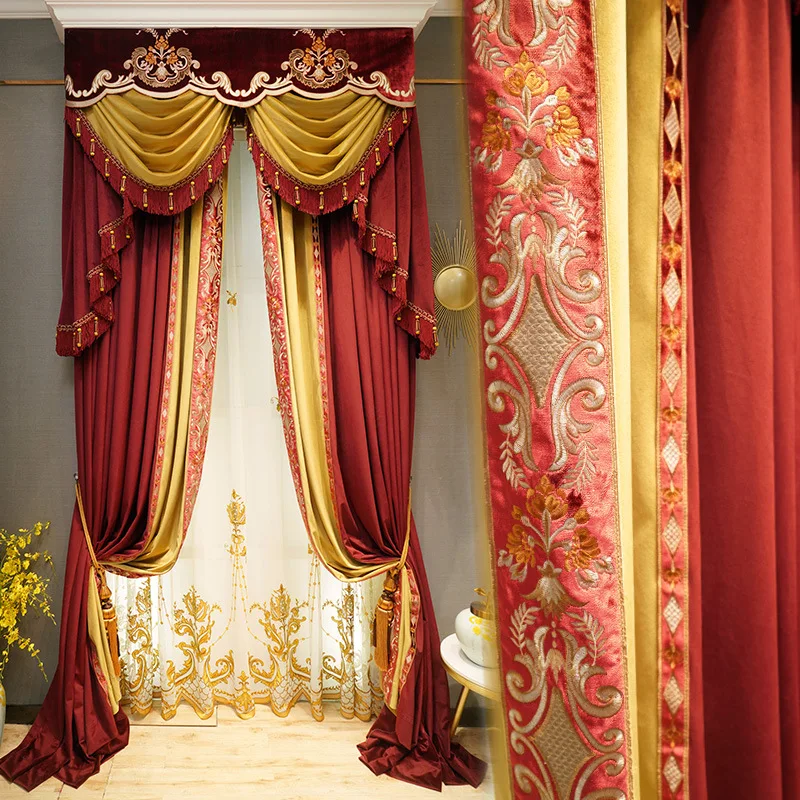 

Custom curtain High-end atmosphere French villa velvet embroidery red cloth blackout curtain tulle valance drape C1553