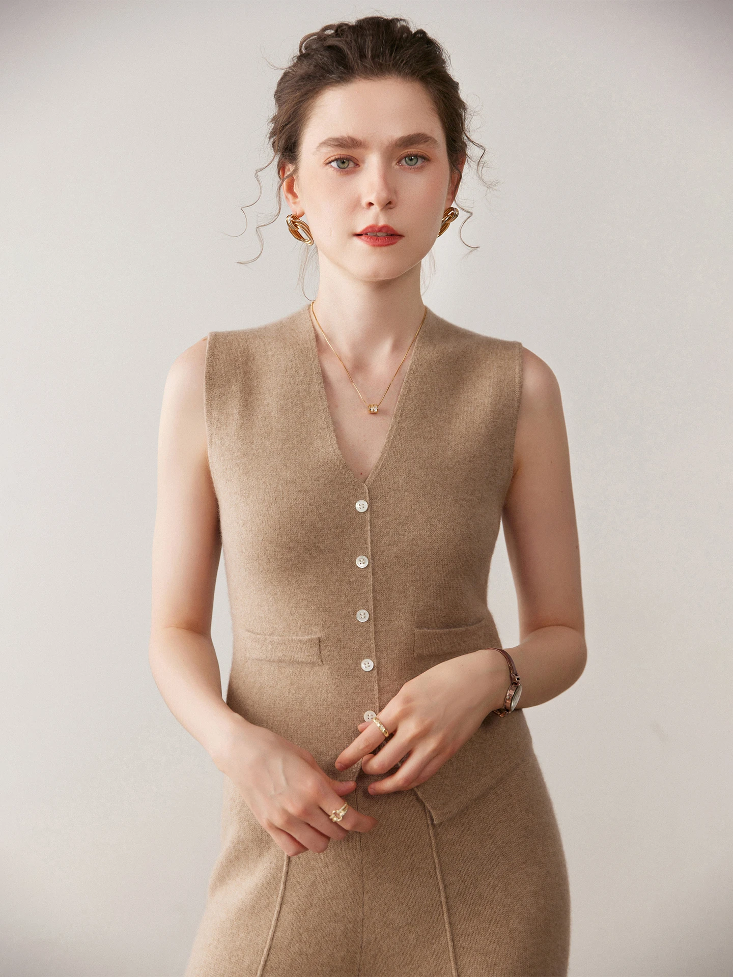 

Ele V-Ne Camere Knitted Vest Women's Faion Outerwear Pure Color mat Sle Cardigan Warmth Medium Regular Length