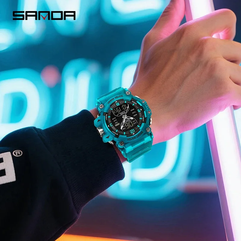 SANDA LED Waterproof  Digital Clock Dual Display Men's Watches Sports Watch Military Man Alarm Stopwatch Quartz Wristwatch Male