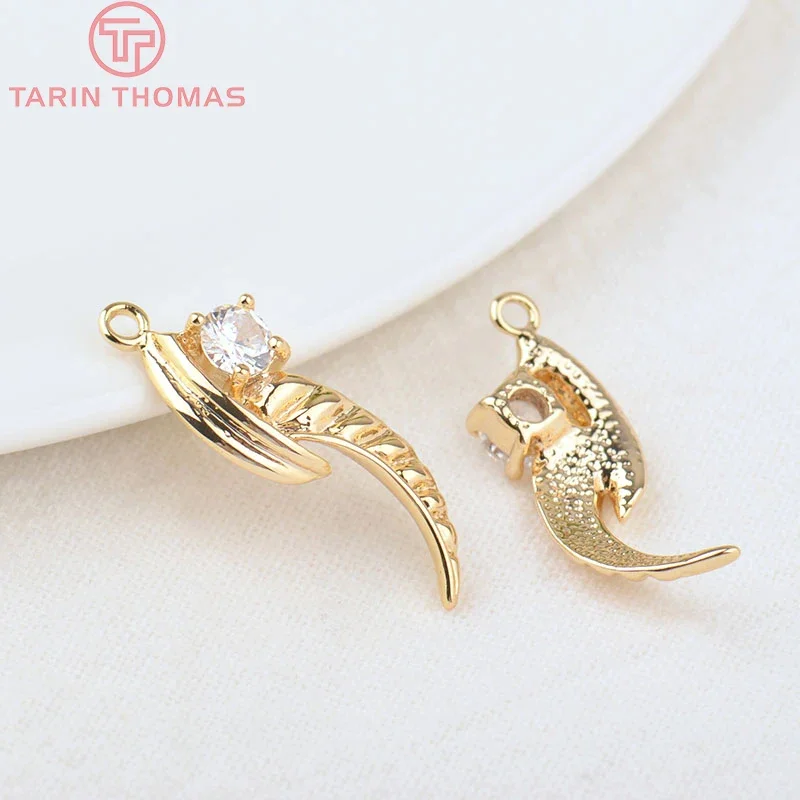 (185)6PCS 21x8MM 24K Gold Color Brass with Zircon Mermaid Fish tail  Charms Pendants High Quality Jewelry Accessories