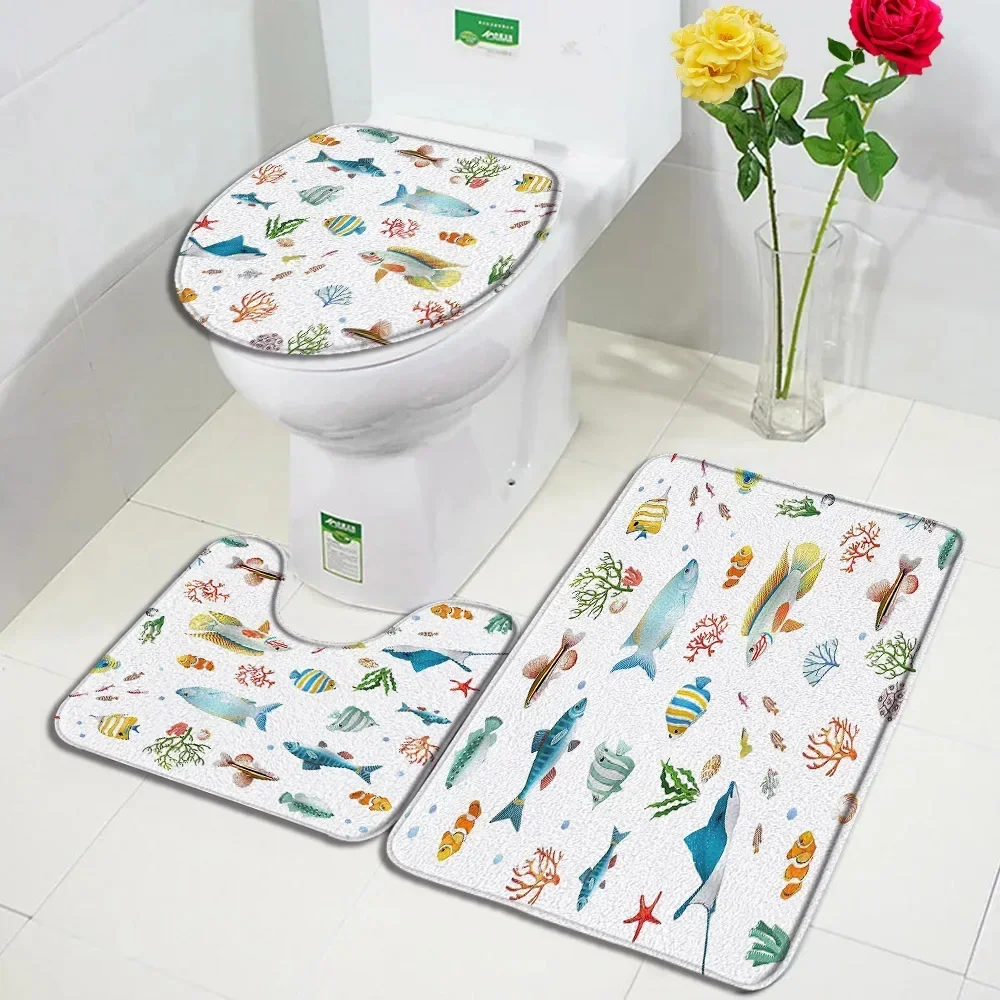 Cartoon Dinosaur Bath Mat Set Funny Animals Tropical Plant Coconut Tree Cactus Kids Carpet Bathroom Decor Floor Rug Toilet Cover