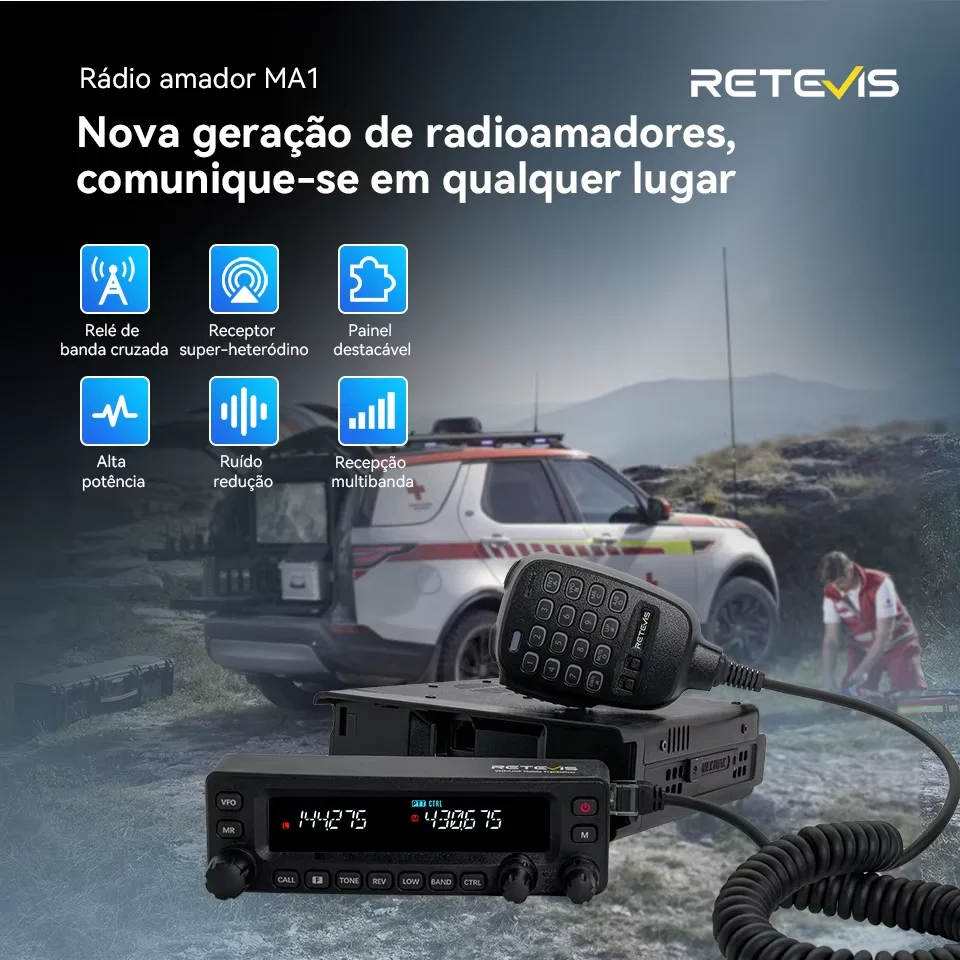 Retevis MA1 Rádio para carro com tela 50W VHF UHF Dual Band Ham Radio AM FM Estação de rádio móvel Transceptor Recepção multi-banda