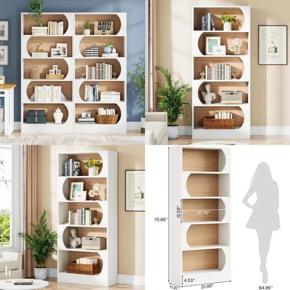 خزانة كتب بإطار مقوس بطول 6 طبقات مقاس 71 بوصة، وحدة رفوف حديثة بعرض 32 بوصة للمكتب المنزلي #1