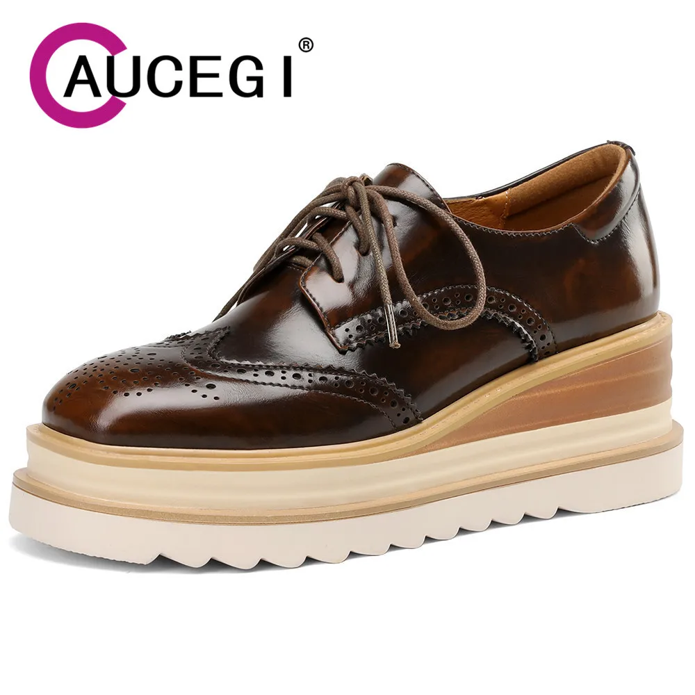 

Aucegi Spring Autumn New British Style Retro Pumps Wedges High Heels Platform Round Toe Lace Up Genuine Leather Modern Shoes