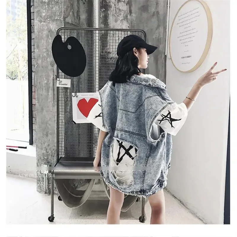 Ripped Denim Jacket Sleeveless Streetwear Women Waistcoat 2023 Spring Summer New Vintage Casual Loose Korean Fashion Female Vest