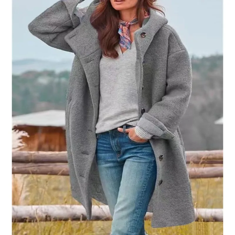 

Новые осенне-зимние длинные куртки, модные толстовки с длинными рукавами, однобортное однотонное свободное пальто с карманами для женщин, 2025 г.