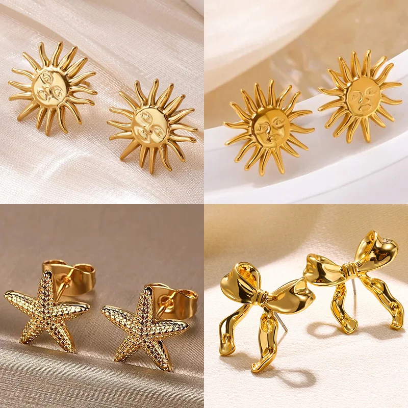 Punk Edelstahl Sonne Ohrringe Für Frauen Vergoldet Geometrische Sonne Gesicht Ohrring Hochzeit Ästhetischen Wasserdicht Schmuck Geschenk