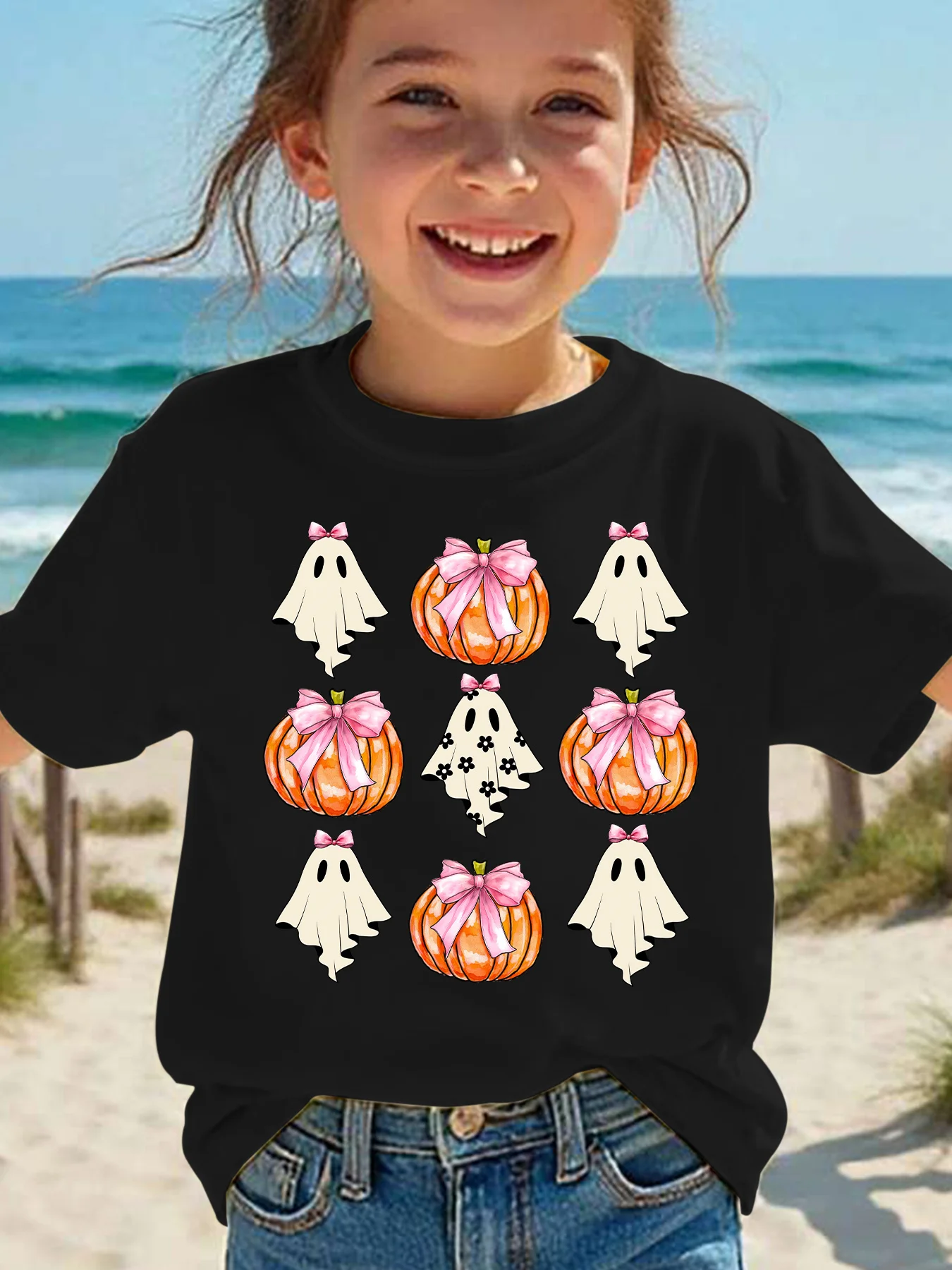 Kids Boys Girls Family Matching T Shirt Pink Bow Ghost Pumpkin Halloween Print Short Sleeve Crew Neck Soft Casual Holiday Tee