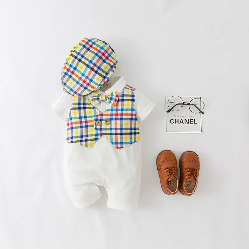 

2026 New Baby Boy Gentleman Plaid Short Sleeve Romper + Beret Hat 2Pcs Set Summer Infant Cotton Jumpsuit Toddler Clothes Costume