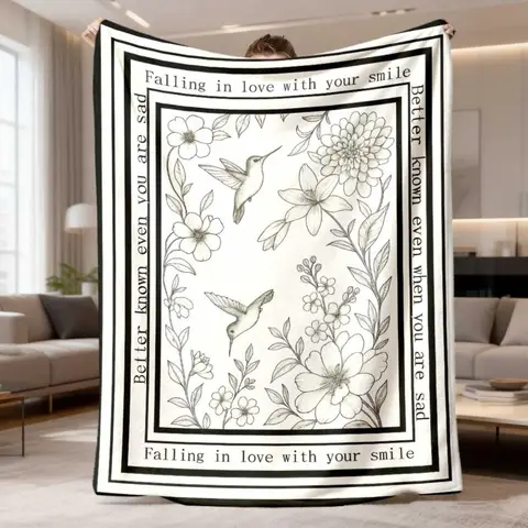 Line Hummingbird Floral Inspirational Quote Border Flannel Throw Blanket, Soft Warm Sofa Cover,Sweet Gift Bedroom Daily Rest Use