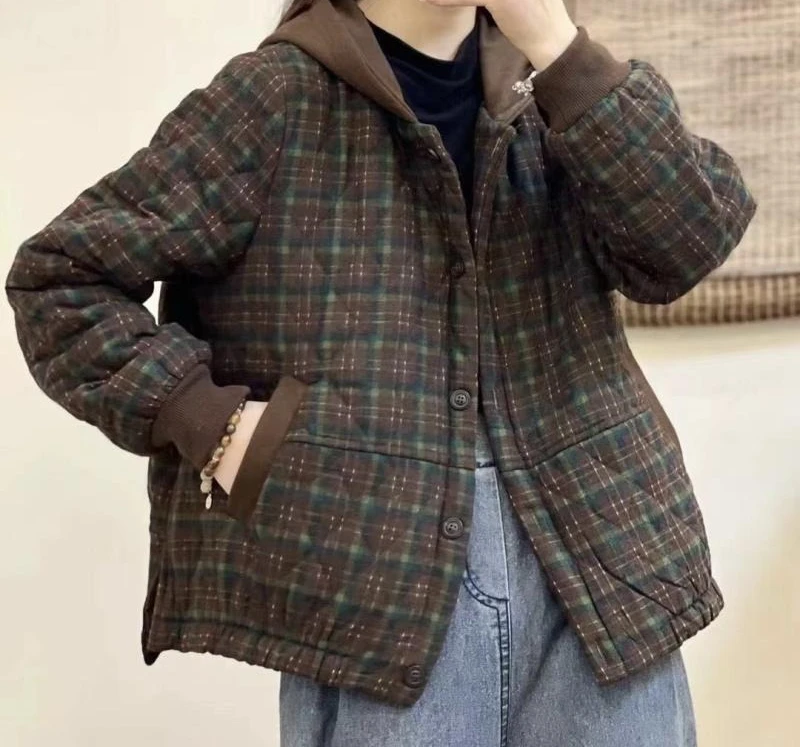 2025 Retro Checkered Hooded Cotton Jacket for Women's Winter Look Thin  Lightweight  and Warm Cotton Jacket