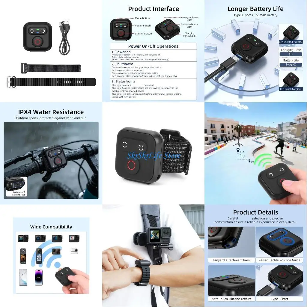

E65E ABS PC Bluetooth-compatible Remote Controls for Action Cameras Wear Resistant Construction Easy Toolless Installation