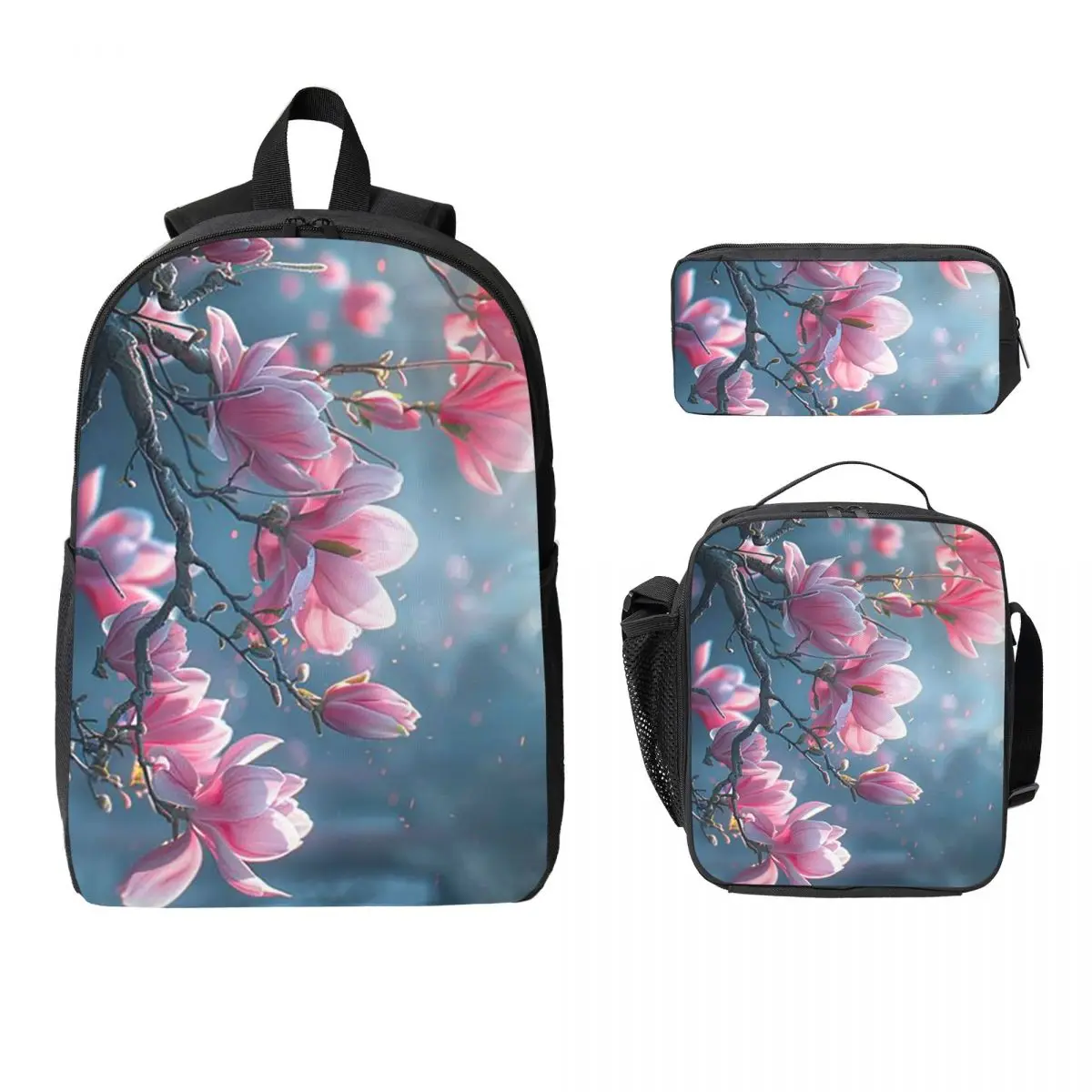 Blooming Pink Magnolias Backpack Boys Girls BookBag School Bag Laptop Shoulder Bags 3ps Insulated Lunch Bag Pencil Case