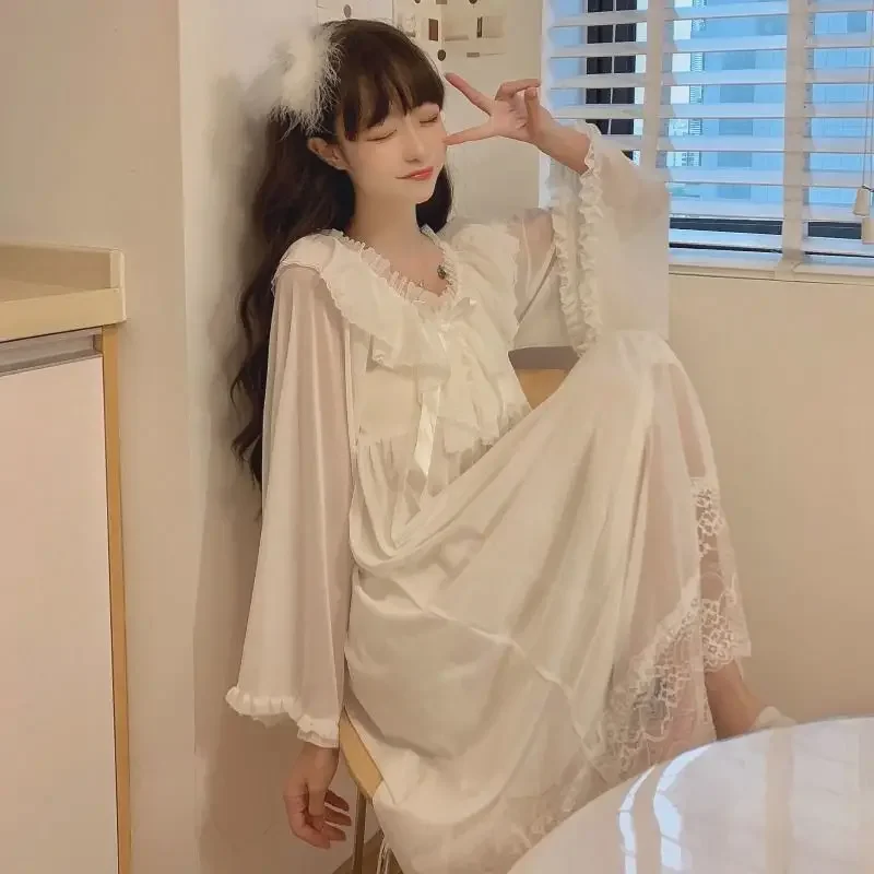 Princess Style Lingeries for Woman Sweet Lingerie Lace Sleepwear Loose Night Dress Women Homewear Spring Autumn White Pajama