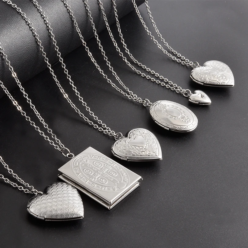 60cm Stainless Steel Carved Designs Chic Photo Frame Heart-Shaped Oval Square Openable Locket Necklace Couple Commemorate Gift