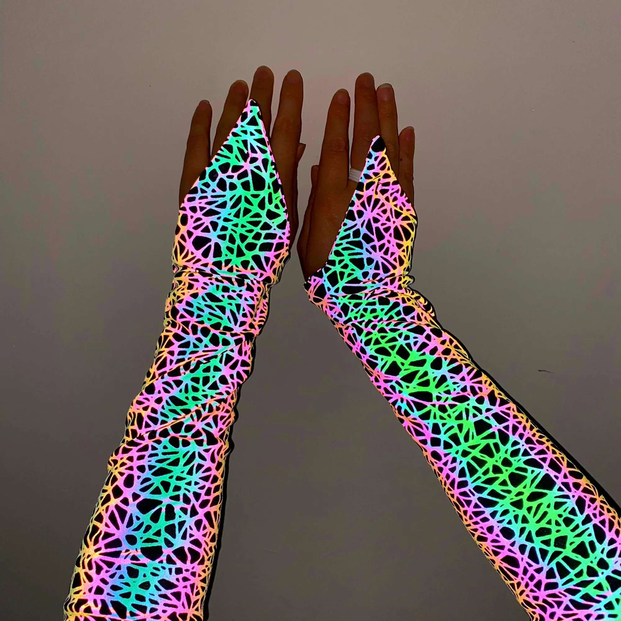 Geometric Rainbow Reflective Sleeves Women Fashion Punk Hip Hop Party Arm Warmers Elastic Breathable Sport Fingerless Gloves