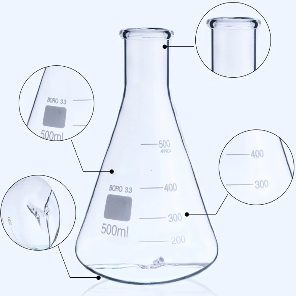 250 500 1000 2000ml High Borosilicate Glass Glass Shake Conical Flask with 3 Baffles Labrotary Glassware Chemical Experiment