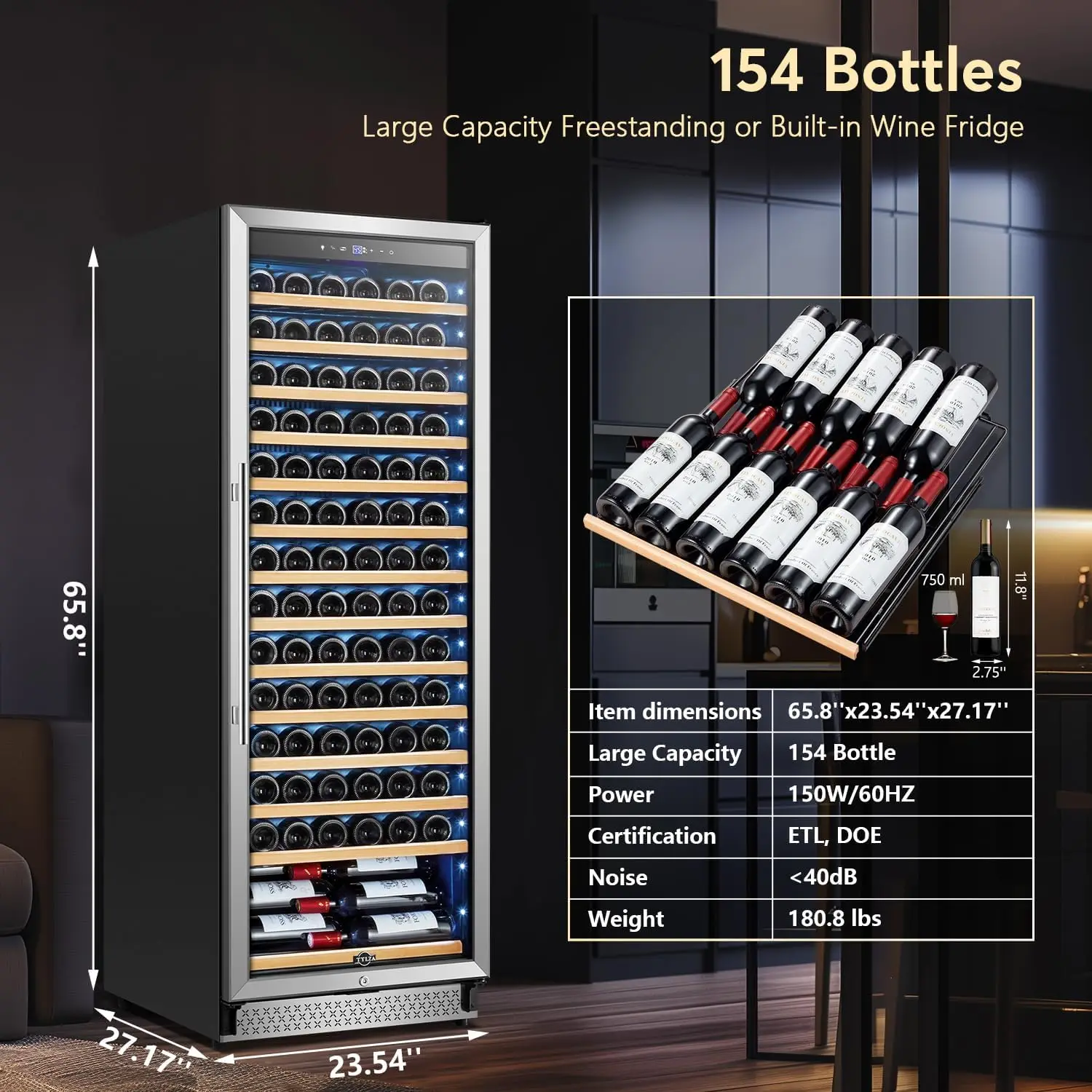 Wine Cooler, 598 x 535 x 1650 mm Compressor Fridge, Built-in Large Capacity Wine Refrigerator, Stainless Steel Cellar