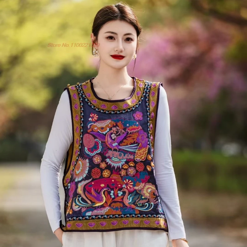 

2025 national phoenix embroidery ethnic vest chinese vintage satin jacquard o-neck folk vest traditional hanfu sleeveless jacket