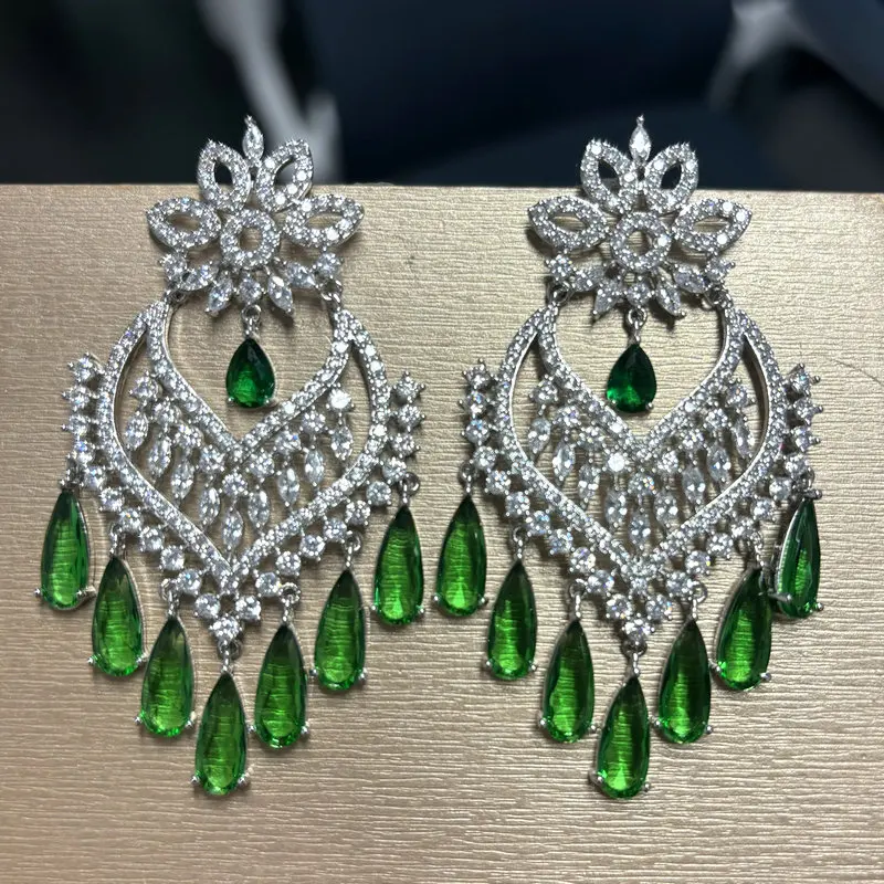 Bilincolor Luxury  Cubic Zirconia Green Tassel Earring for Women Wedding Jewelry