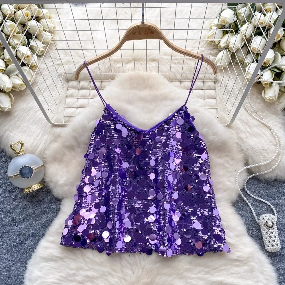 

High-end Sequin Camisole Women's Summer Age-reducing Versatile Fashionable Outer Wear Loose Slimming Lady Style Top Trend