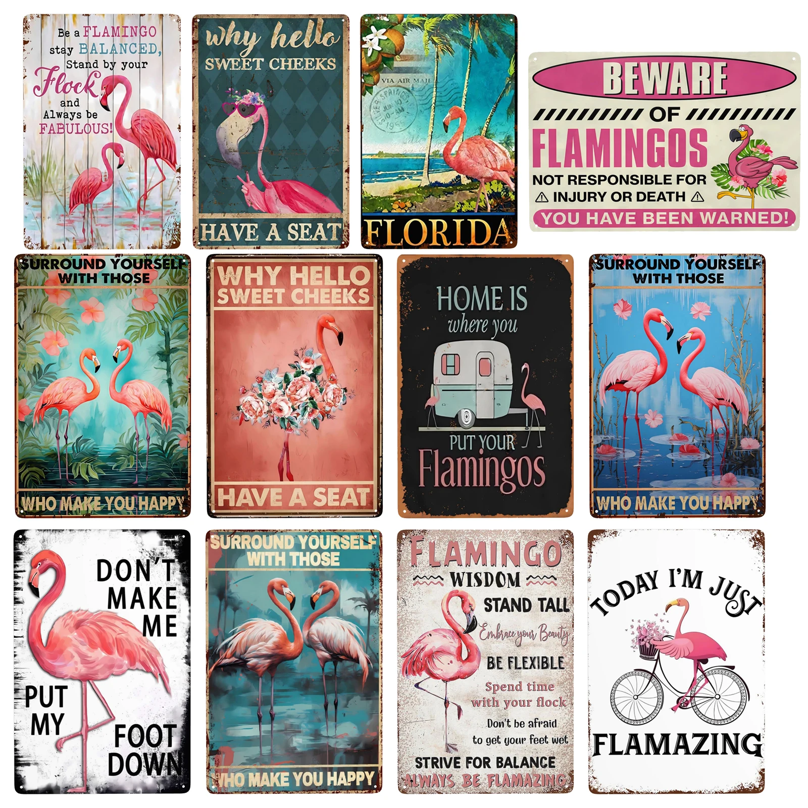 1pc, Flamingo Metal Sign Surround Yourself With Those Who Make You Happy Tin Sign for Home Living Room Bathroom Decor 8x12inc