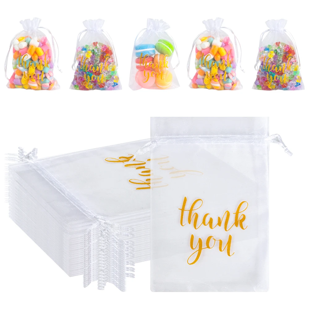 20pcs Thank You Organza Gift Bag Floral Pattern Drawstring Pouches Packaging Bags for Wedding Gift Storage Baby Shower Supplies
