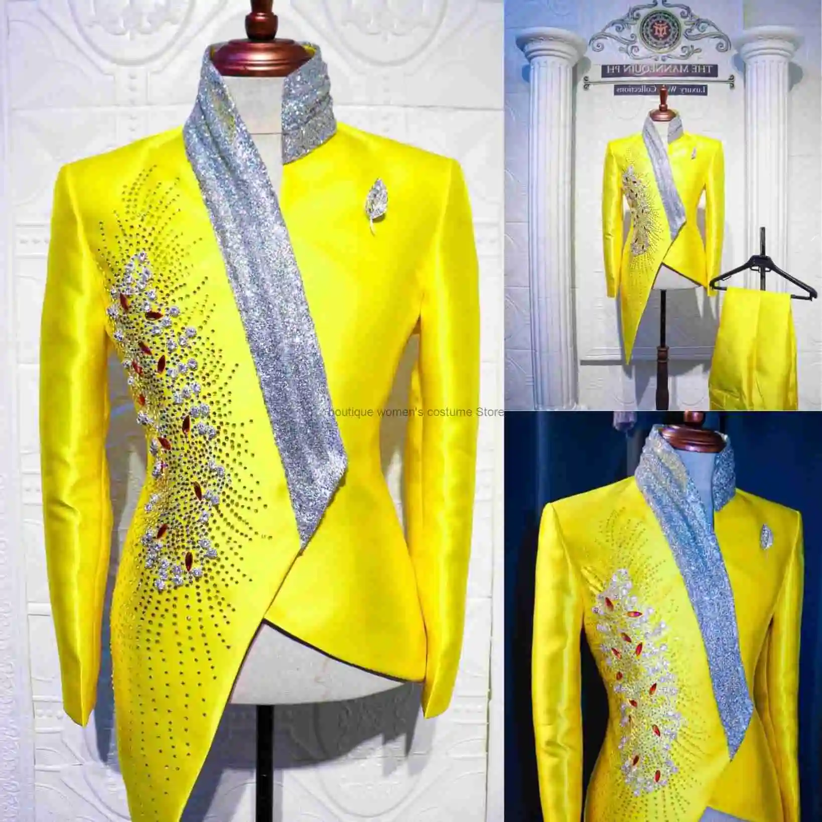 

Yellow Beaded 2-piece Suit For Men And Women With Unique Collar Groom And Groomsmen Jacket Set Men Clothing