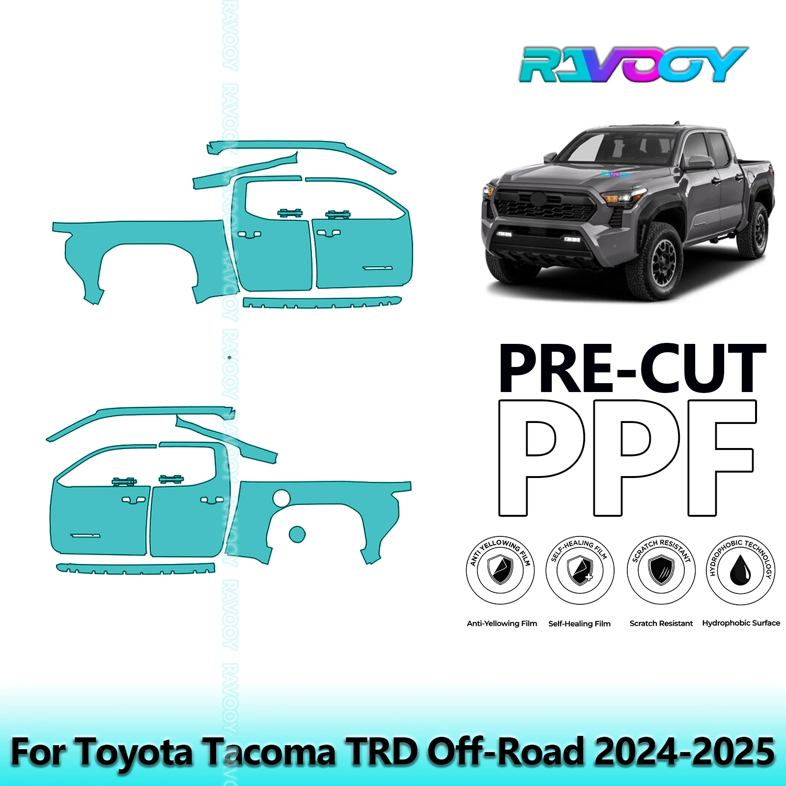 

For Toyota Tacoma TRD Off-Road 2024-2025 8.5mil Clear Matte Pre-Cut PPF Door & A/B Pillar Kit TPU Paint Protection Film Set