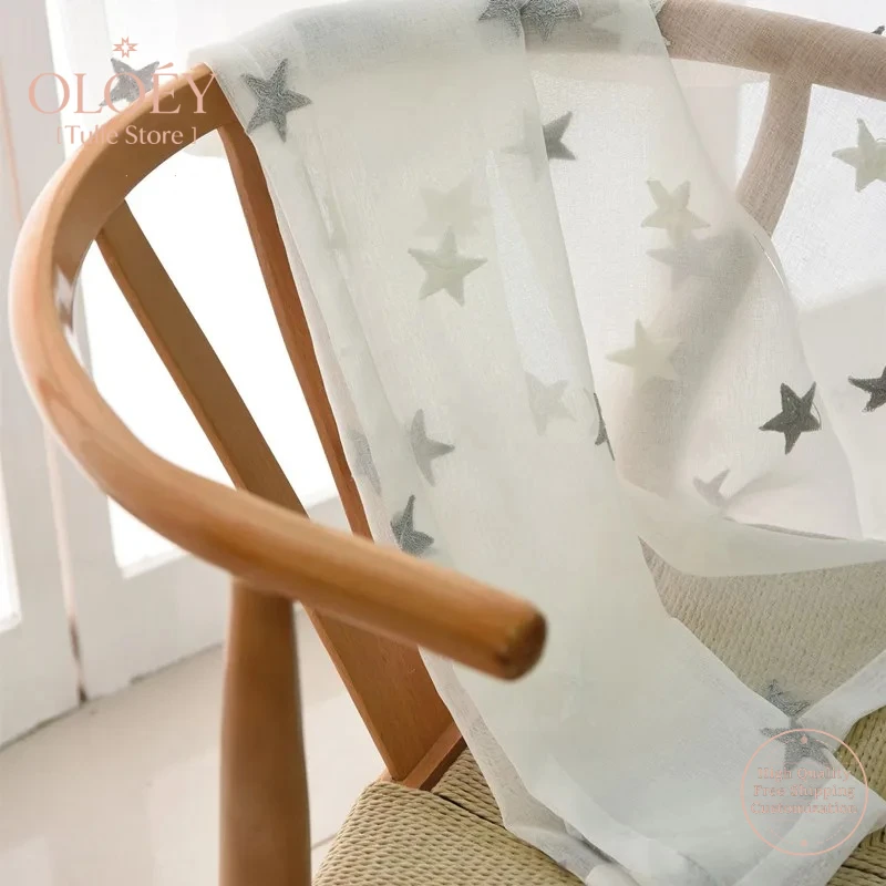 

Exquisite Embroidered White Sheer Curtains for Living Room Elegant Star Pattern Faux Linen Drapes for Bedroom Kitchen Windows