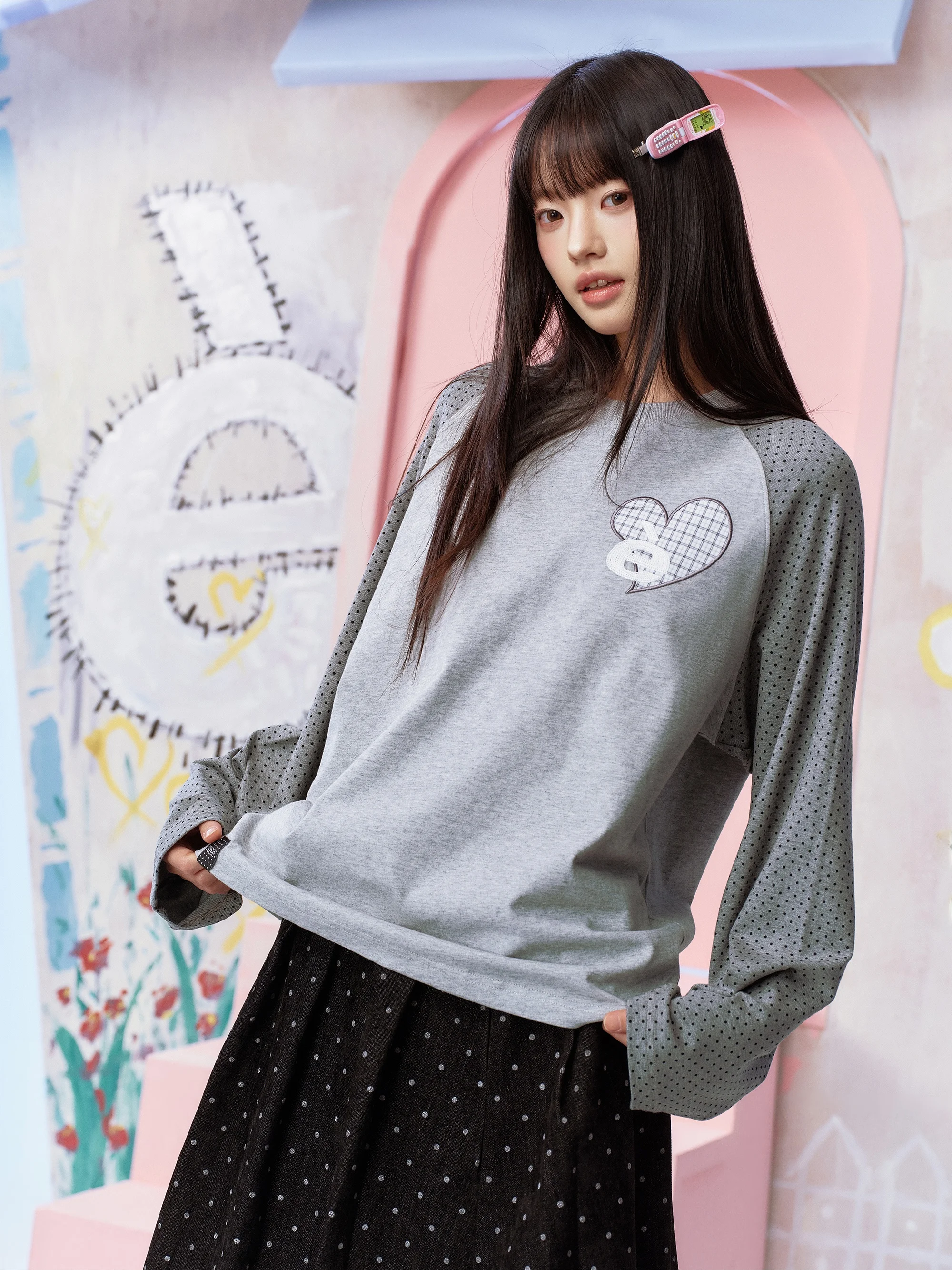 EeeeArtmonster Long Sleeve round Neck Embroidered T-Shirt Polka Dot Print Shoulder Insertion Bottoming Shirt Skin Friendly Br...