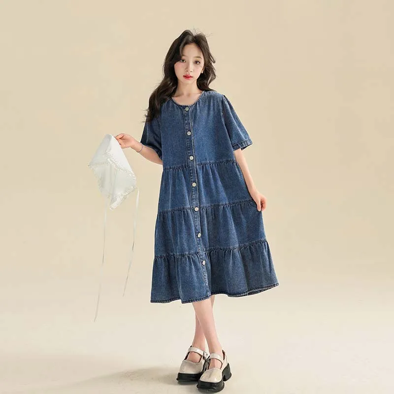 

2024 Summer Junior Girl Clothing Set Teenager Girl Single-breasted Denim Dress+Jacquard Pearls Lapel Shawl Students Clothes Sets