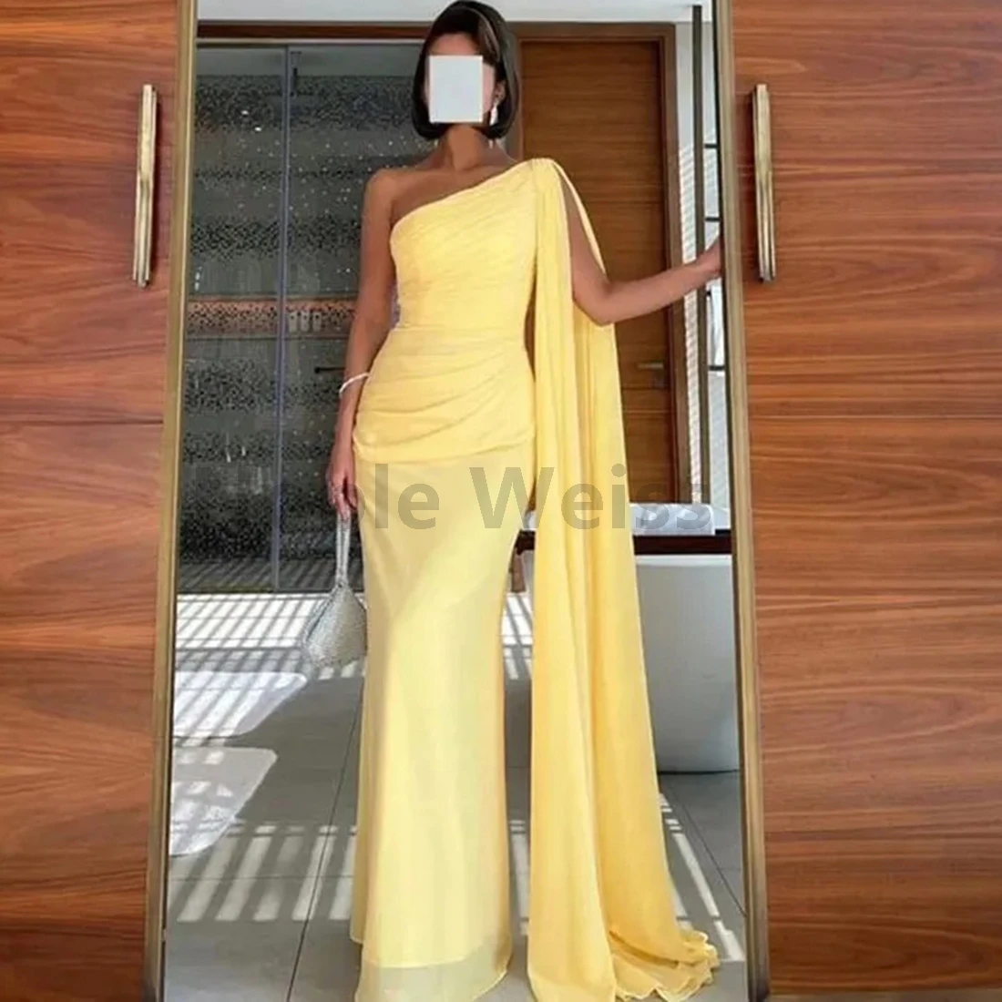 

One Shoulder Mermaid Evening Dress Pleated Chiffon Prom Gown Cape Formal Party Dresses Customize