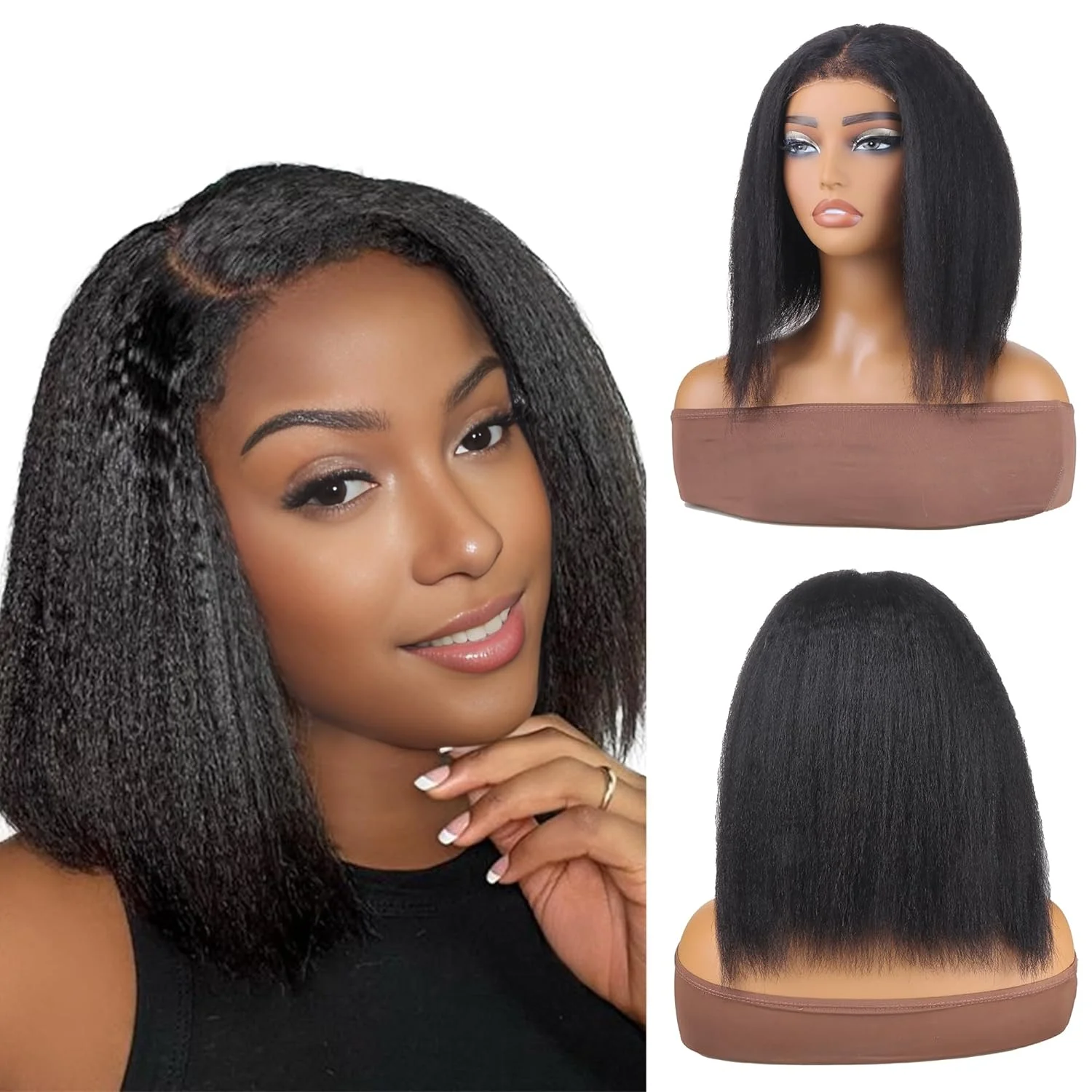 14Inch Natural Black Kinky Straight Short Bob Lace Human Hair Wigs 13x4 HD Transparent Lace Frontal Bob Wig For Women