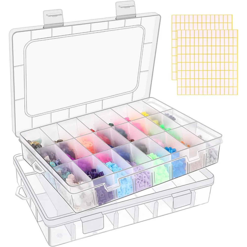 

Two 24-compartment transparent plastic storage boxes with adjustable dividers, suitable for organizing crafts and beads