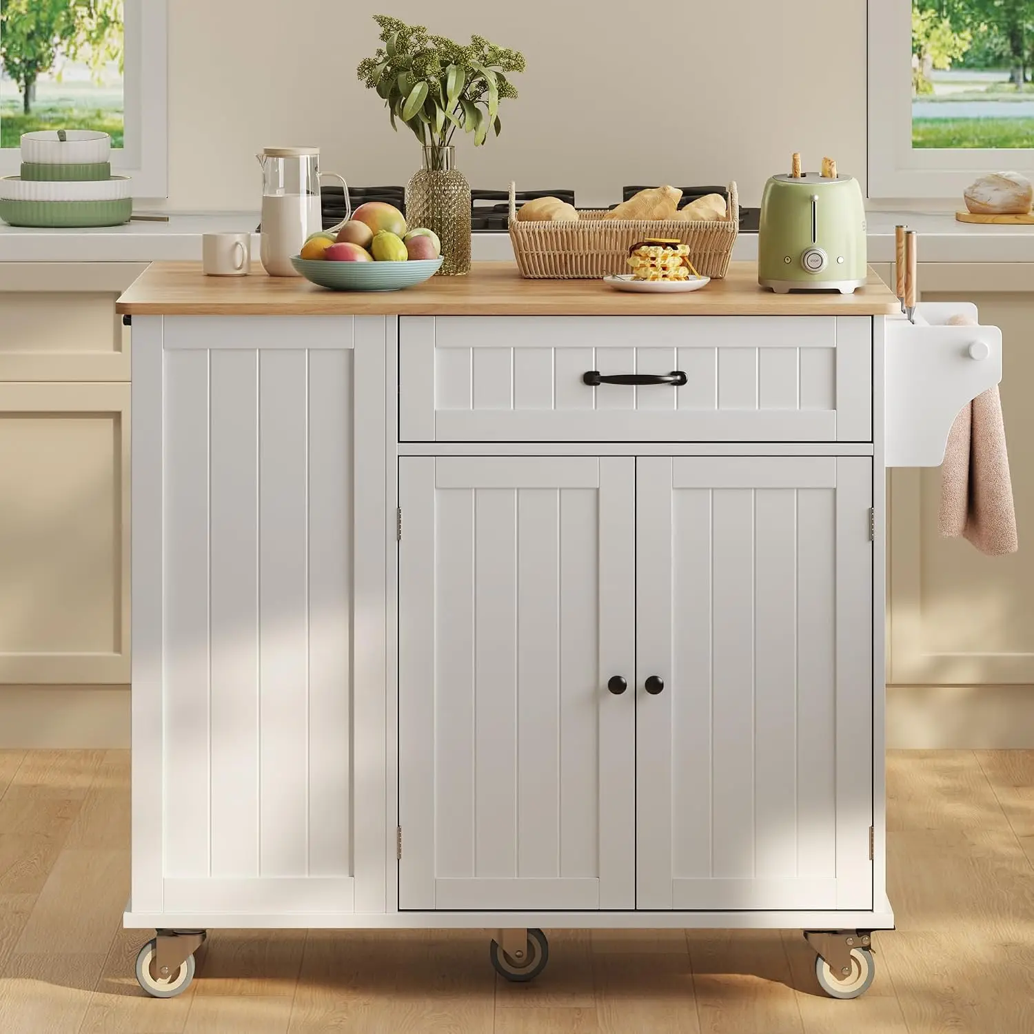 White Rolling Kitchen Island Cart with Storage & Built-In Trash Compartment, 44.49 Inch Drop Leaf Rubberwood Countertop, Equipped with Drawer, Adjustable Shelf, Knife Holder, Spice Rack & Towel Bar
