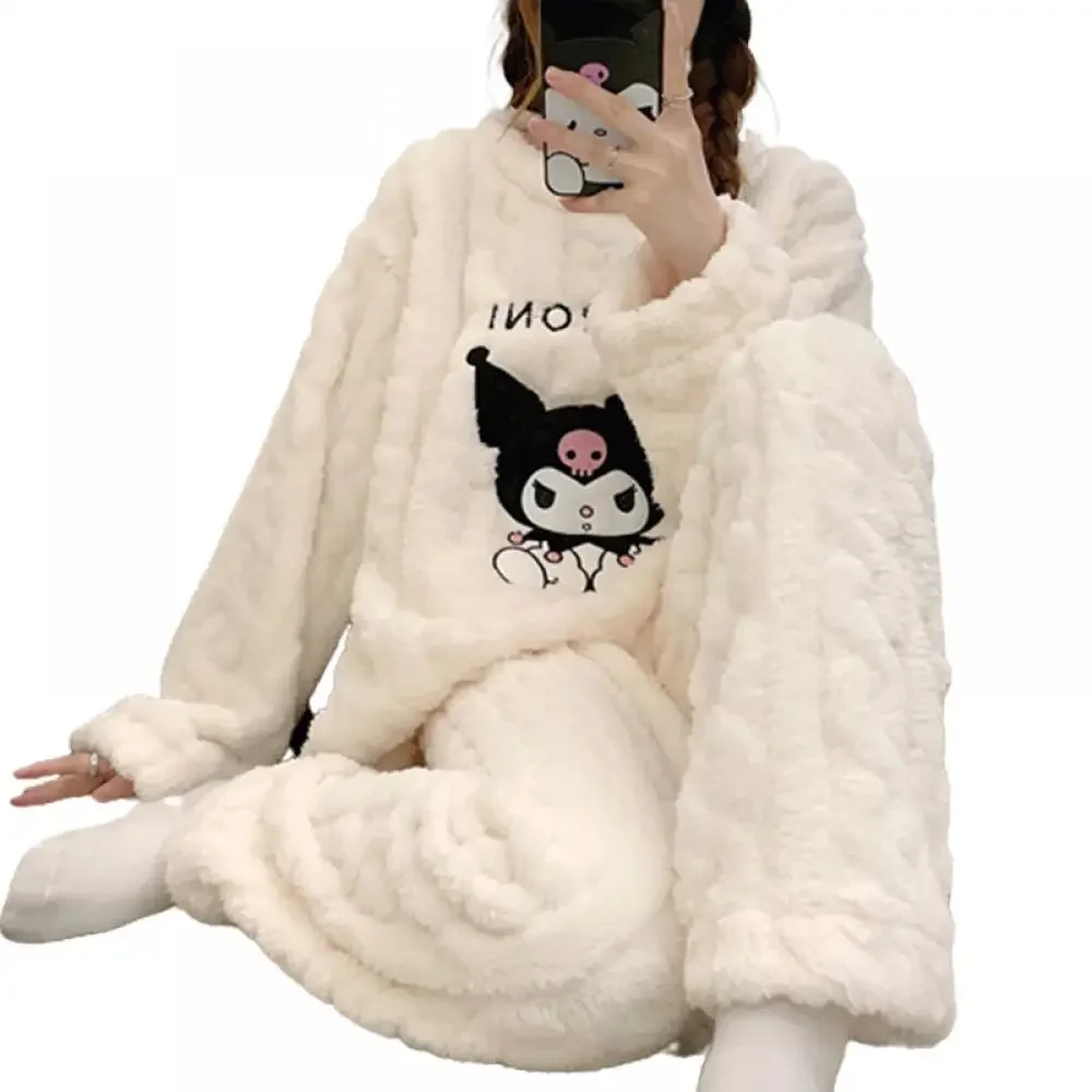 Sanrioed Cartoon 2Pcs Kuromi Pajama Set Kawaii Anime Women Plush Homewear Winter Thicken Long Sleeves Pants Girls Cute Keep Warm