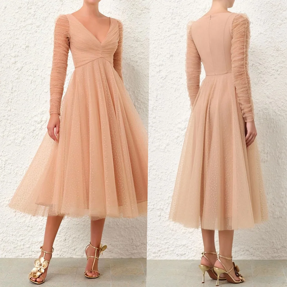 

Customized Modern Style Tulle Pleat A-line V-neck Midi Dresses Prom Dresses Classic Formal Casual Elegant Sexy Sizes Available M