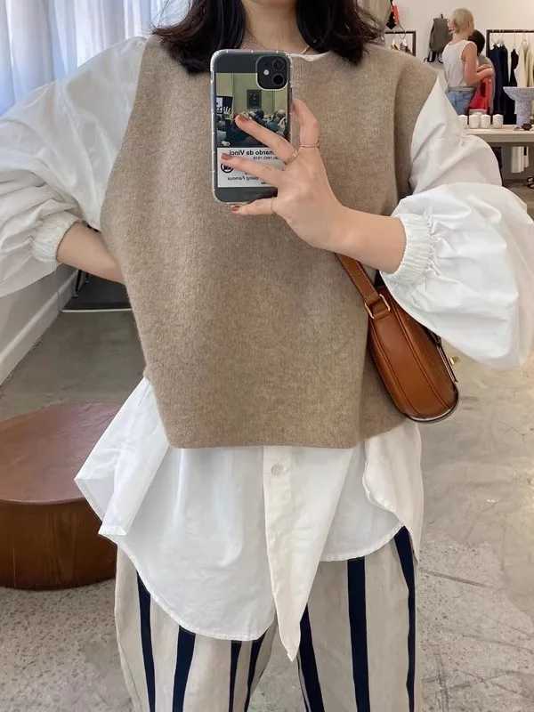 

Retro round Neck Knitted Vest Women's Spring Autumn Loose Versatile Layering Slimming Shirt Two-Piece Set Fashionable Casual ...