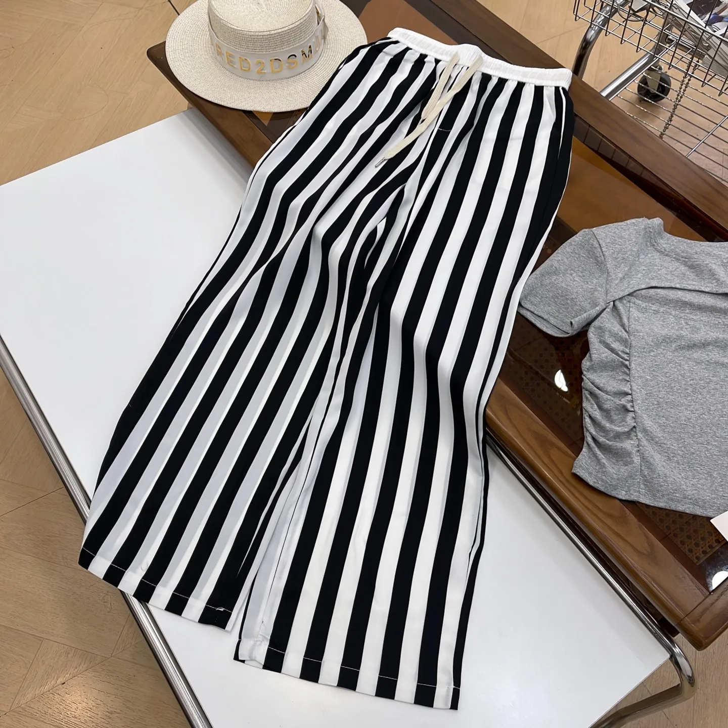 Summer New Style Thin Wide Leg High Waist Draped Loose Black White Vertical Stripes Straight Casual Pants Women's Fashion