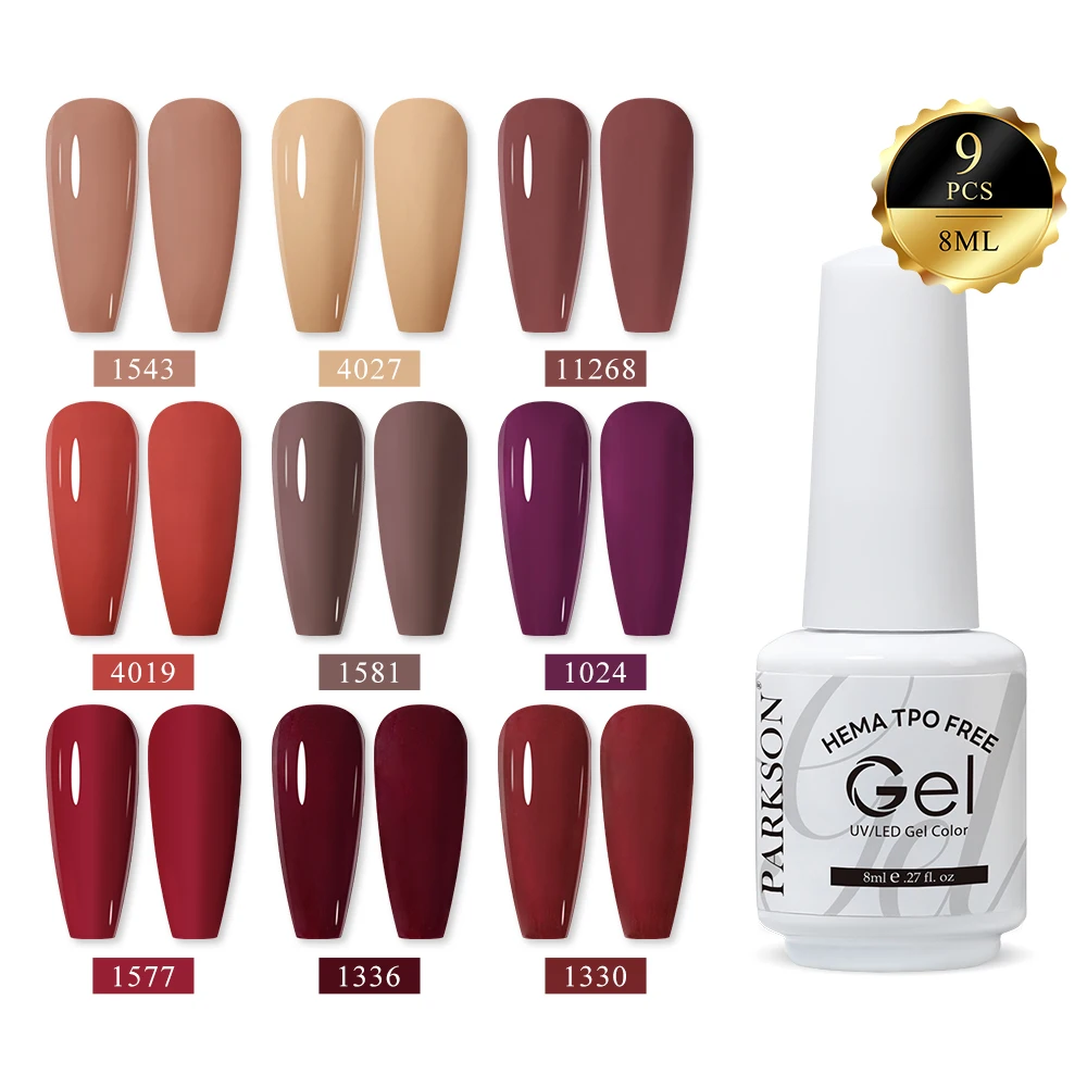 Parkson 9pcs Gel Nail Polish Set HEMA TPO Free Coffee Brown Red Semi Permanent Soak Off UV Gel Varnish For Winter Nail Supplies