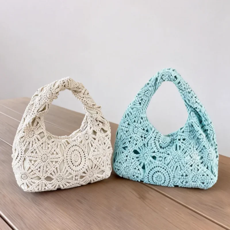 

Fashion Hand-knitted Handbag, Lace Hollow Pattern Purse New Summer Beach Vacation Bags Women Exquisite Underarm Bag Dumpling Bag