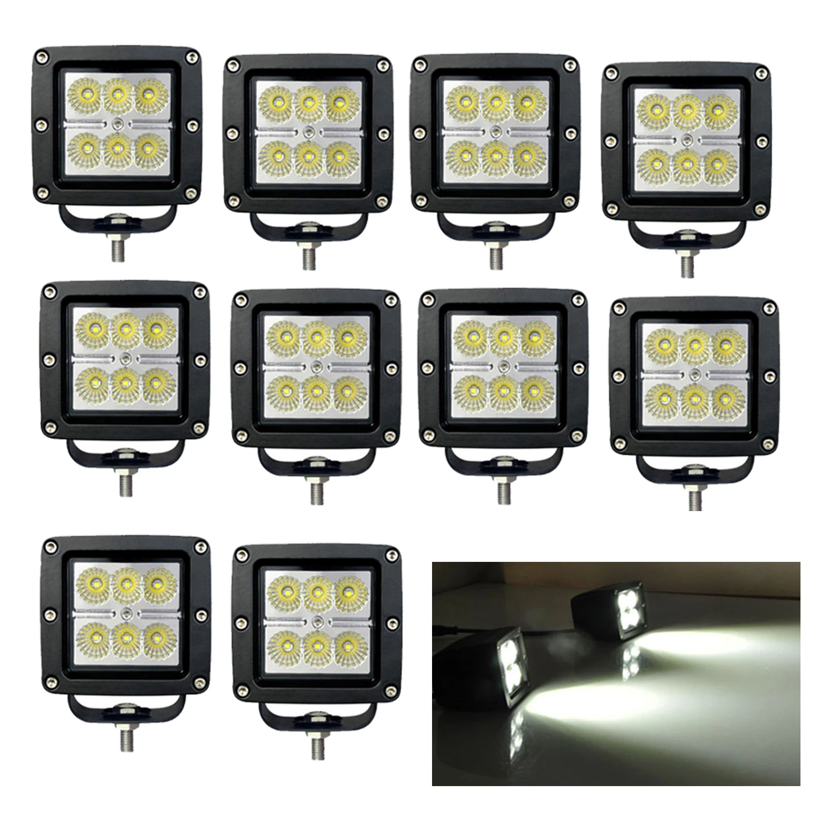 10pcs 24W LED Pods LED Work Lights 12V 24V Waterproof 3inch Square Off Road LED Light Bar for ATV UTV Tractor Offroad Driving